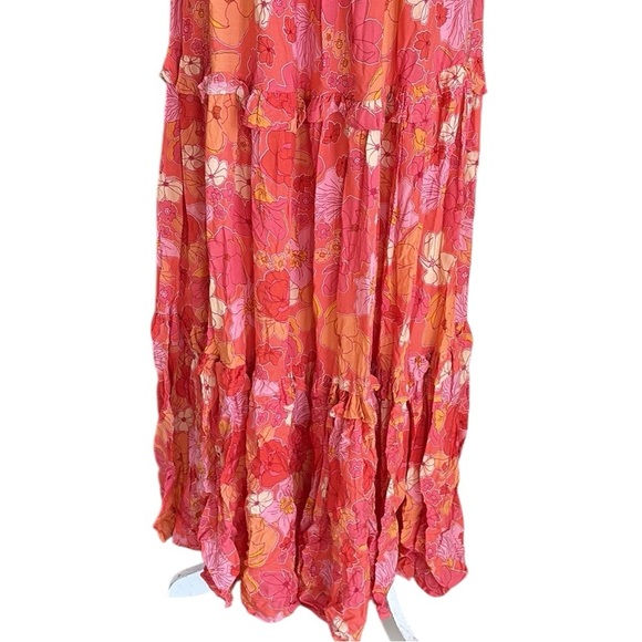 Abel the Label Coral Orange Pink Floral Print Smocked Off Shoulder Maxi Dress XS - Picture 7 of 14